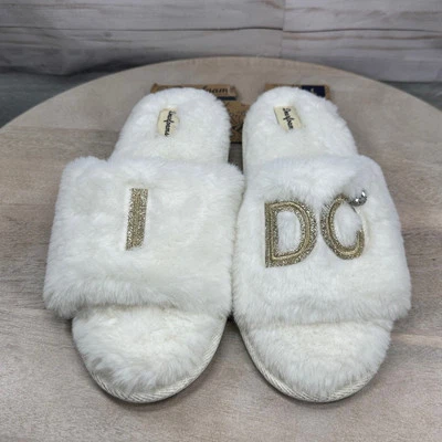 Dearfoams "I Do" Faux-Fur Bridal Womens Slide Slippers Size L Wedding New - Image 1 of 4