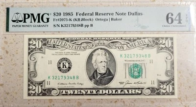 PMG 64 1985 $20 Federal Reserve Note Dallas Choice Uncirculated #K32179348B - Image 1 of 2
