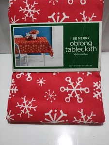 Christmas Target Oblong Tablecloth Be Merry Cotton 60X84” Red White Snowflakes - Picture 1 of 11
