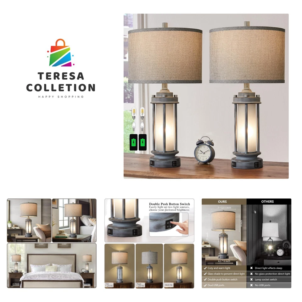 Set of 2 Rustic Table Lamps for Living Room, Farmhouse Vintage Nightstand Lam... - Image 1 of 4