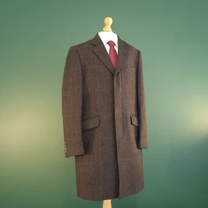 M&S MOON Tweed Overcoat Men Medium Brown 100% Wool Check Outdoor Travel - Picture 1 of 16