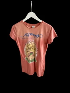 Deadstock Y2K 2000's Ed Hardy Pink Graphic Baby Tee Sz Large Tiger Rhinestones - Picture 1 of 10
