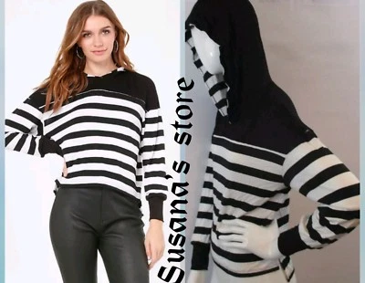 全新带标签 BEBE S 码条纹连帽上衣平背连帽衫上衣,黑色和 w — 第 1/4 张图片