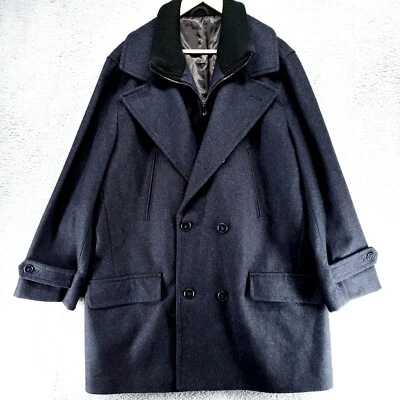 JF J Ferrar Wool Blend Trench Coat Mens XL Black w Pockets Zip & Button Lined - Image 1 of 4