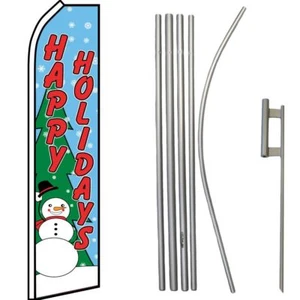 Happy Holidays Blue Snowman Swooper Flag & 16ft Flagpole Kit/Ground Spike - Picture 1 of 1