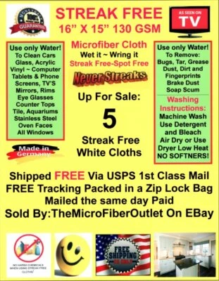 STREAK FREE Ultimate Cleaning Cloth BEST Micro Fiber 5 Pack FREE Shipping! Made in Germany