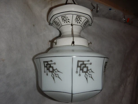 Art Deco Arts & Crafts Bungalow Black Pin Striped Porcelain Fixture & Shade-Rare Cover