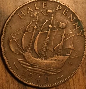 1949 UK GB GREAT BRITAIN HALF PENNY COIN - Picture 1 of 2