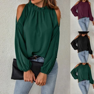 Plus Size Ladies Long Sleeve T-shirt Top Cold Shoulder OL Work Blouse Tee Shirts - Picture 1 of 11