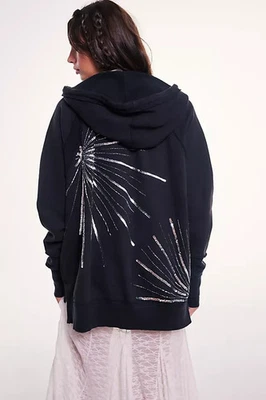 Free People We The Free In The Light Sudadera con Capucha Grande Negra Embellecida Chaqueta L Foto 1 de 3