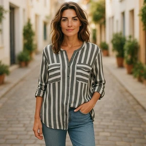 * CREATION L Gray and White Striped Hi Lo Button Front Shirt Ladies Size 14 - Picture 1 of 6