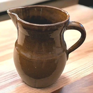 Vintage Stoneware Earthenware Pitcher Brown Early 1900s Primitive Unsigned 9" - Afbeelding 1 van 17