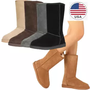 Women Winter Mid Calf Boots Suede Faux Fur Lined Slip On Snow Boots Size 5-12 - Picture 1 of 34