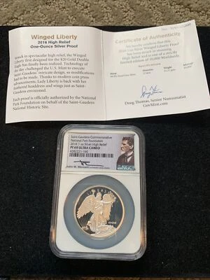 2016 St. Gaudens Commem Silver 1 oz High Relief NGC PF69  UCAM with COA  - Image 1 of 4