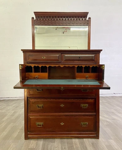 Antique Victorian Eastlake Secretary Desk Chest of Drawers with Mirror and Keys Cover