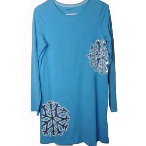 Lands End Girls Dress Size XL 16 Blue Long Sleeve Winter Snowflakes Sparkle - Picture 1 of 6