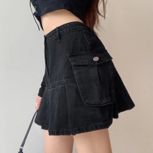 Lady Denim Pleated Skirt Punk Gothic Pocket Fit High Waist A Line Short Harajuku - Picture 1 of 11