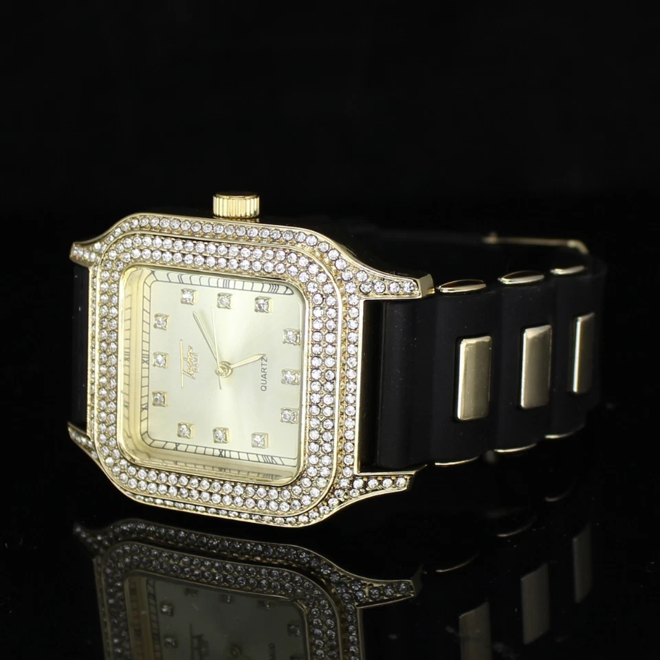 Reloj de lujo de cuarzo con correa de goma enchapada en oro analógico de 40 mm con bisel cuadrado de 2 filas para hombre Foto 1 de 4