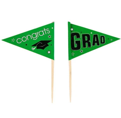 GRADUATION Party CUPCAKE FLAG PICKS  Congrats Grad 12pcs GREEN School Colors - Image 1 of 2