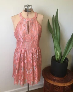 BCBG Maxazria Coral Pink Art Deco Lace “Megyn” Halter Neck Dress - Picture 1 of 9