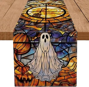 Halloween Tischläufer Geist Kürbis Kirche Buntglas Gothic Tischläufer - Bild 1 von 5