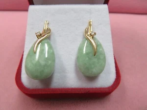 14k Solid Y. Gold Green Jadeite Jade Diamond Earrings 5.89 Grams - Picture 1 of 7