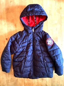 Nike Boys 4/XS Hooded Puffer Jacket "Just Do It" Patch Zip Navy Blue Fall Winter - Picture 1 of 24
