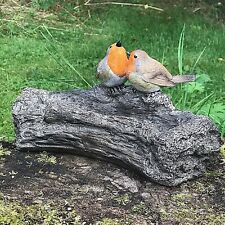 Robins on Log oblong bird bath feeder garden ornament decoration Bird lover gift
