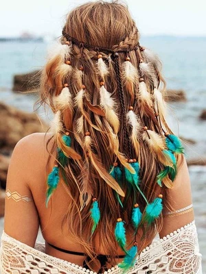 Tiara de penas boho hippie peça de cabeça fantasia cigana preta cocar boêmio... - Imagem 1 de 4