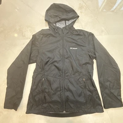 Chaqueta cortavientos Columbia para mujer con capucha negra de nailon bolsillos con cremallera L ligera Foto 1 de 4