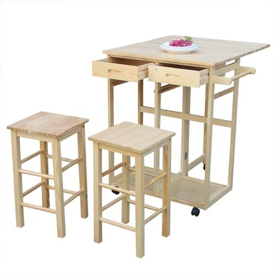 3pc Folding Kitchen Table Cart Mobile Rolling Trolley W/ Stools Wheels Drawers - Image 1 of 4