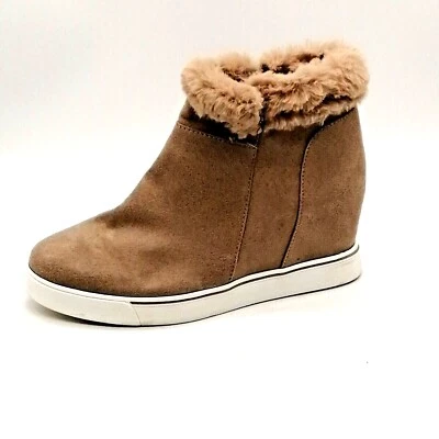 Maurices Womens Taryn Ankle Boot Tan Faux Suede Inside Wedge Zip Faux Fur Trim 9 - Image 1 of 4