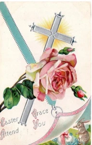 Postal de colección postal 1909 Chicago Ill Easter Greetings Bunny Cross rosa rosa - Imagen 1 de 2