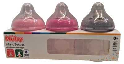 NIP Nuby three 6oz Infant Bottles with Breast-Size Nipples 0m+ Slow Flow - Image 1 of 4