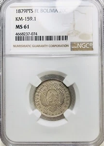 Bolivia 1879 FE-PTS, 20 Centavos, NGC MS-61, Km#159.1 - Picture 1 of 3