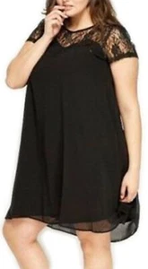 Schwarzes Spitzenjoch Chiffon gefüttertes Schaukelkleid Damen sexy klein schwarzes Kleid - Bild 1 von 7