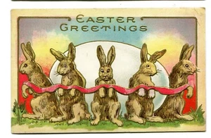 Vintage Easter Postcard RABBITS WRAPPING A GIANT EGG WITH RIBBON - Picture 1 of 2