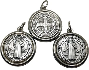 LOT SET OF 3 St Benedict Pendant Medal Silver Plated Silver Tone 0.9'' - Picture 1 of 10