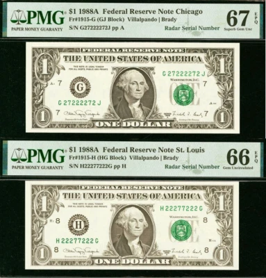 1988A $1 FRN PMG 67 EPQ & 66 EPQ Set - Fancy Radar Serial 27222272 & 22277222 - Image 1 of 4