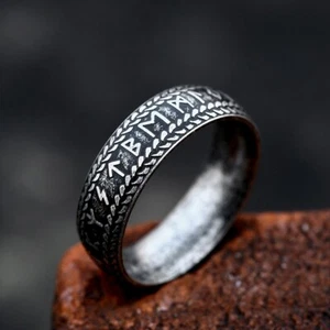 Anello Runa Norrena Uomo Acciaio Inox Celtico Vichingo Runico Metallo Anello Biker - Foto 1 di 8
