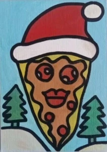 ACEO Christmas Pizza Santa Claus Original Oil Painting Oxana Diaz 2.5" x 3.5" - Picture 1 of 8