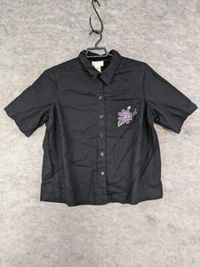 Studio Works Top  Women 1X Black Linen Button-Up Embroidered Flower Granny Core - Picture 1 of 12