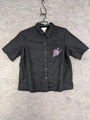Studio Works Top  Women 1X Black Linen Button-Up Embroidered Flower Granny Core - Image 1 of 4