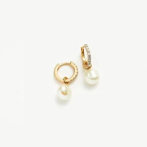 Natural Diamond Mini Huggie Dangle & Pearl Charm Earrings Solid 14K Yellow Gold - Picture 1 of 3