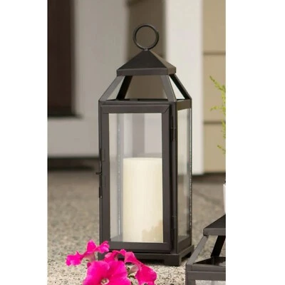 Pillar Candle Lantern Lean Sleek Black Iron Frame Floor Table Shelf Decor 15.5"H - Image 1 of 4