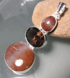 Sterling 925 Silber großer goldener Rutilquarz & geschliffener Rauch Anhänger. UK Verkäufer - Bild 1 von 6