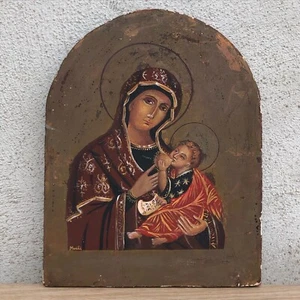 Quadro Icona Religiosa dipinto a olio su tavola vintage - Foto 1 di 11