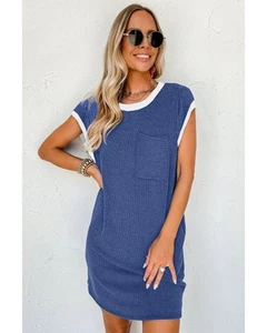Azura Exchange Sail Blue Rib Textured Cap Sleeve T-Shirt Dress Women Dresses - Picture 1 of 12