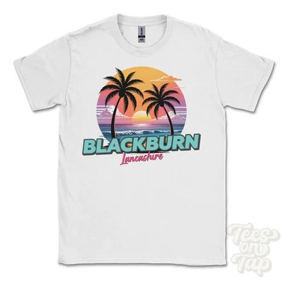 GILDAN BLACKBURN LANCASHIRE T-SHIRT - Retro Miami Style Funny UK Summer Parody