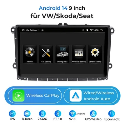 für VW SEAT SKODA 9" Autoradio CarPlay Video GPS Sat Navigation +BT 8 Kern 2+32G - Bild 1 von 4